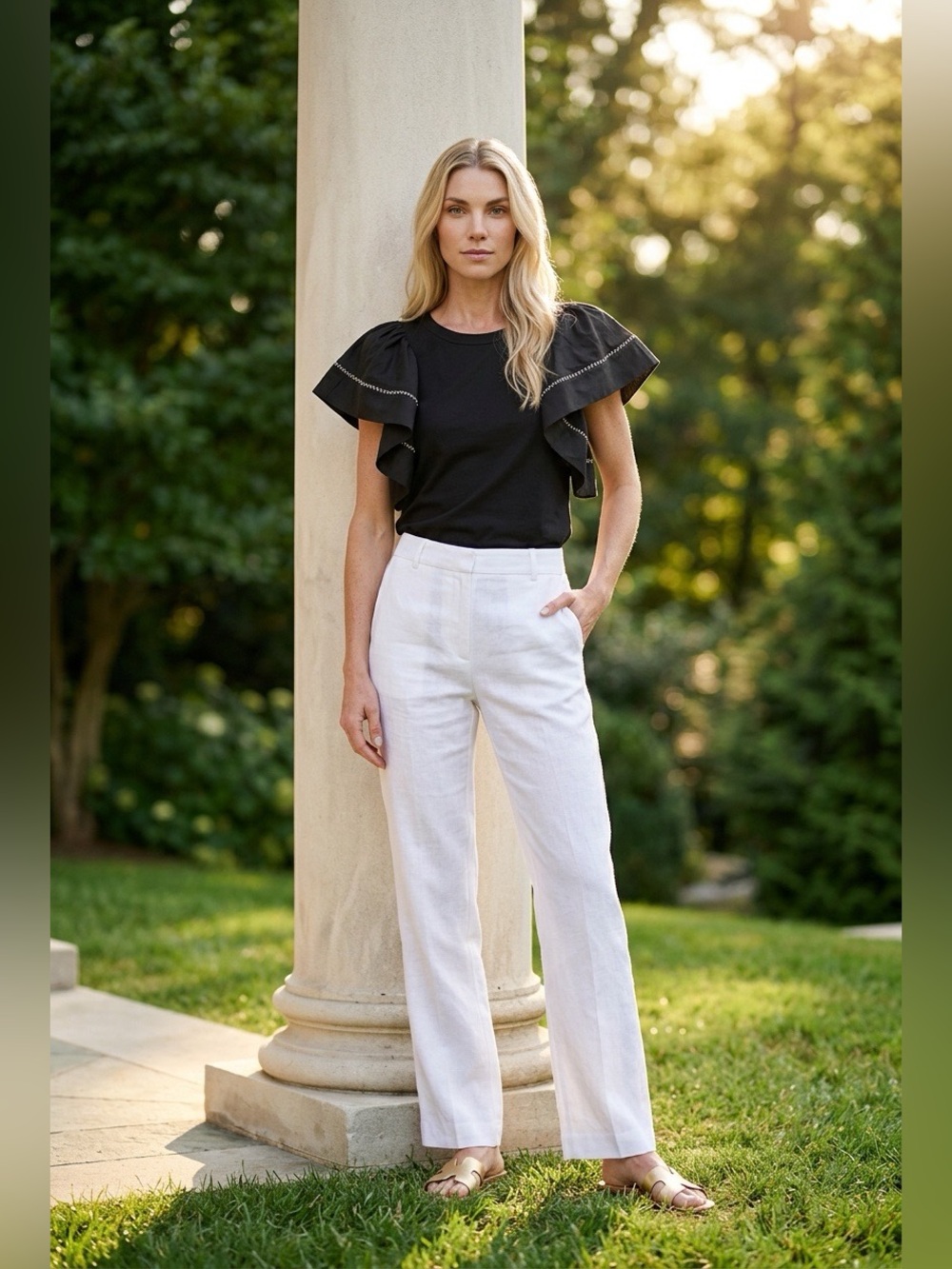 See By Chloe Black Ruffle-Sleeve Short Sleeve Tee